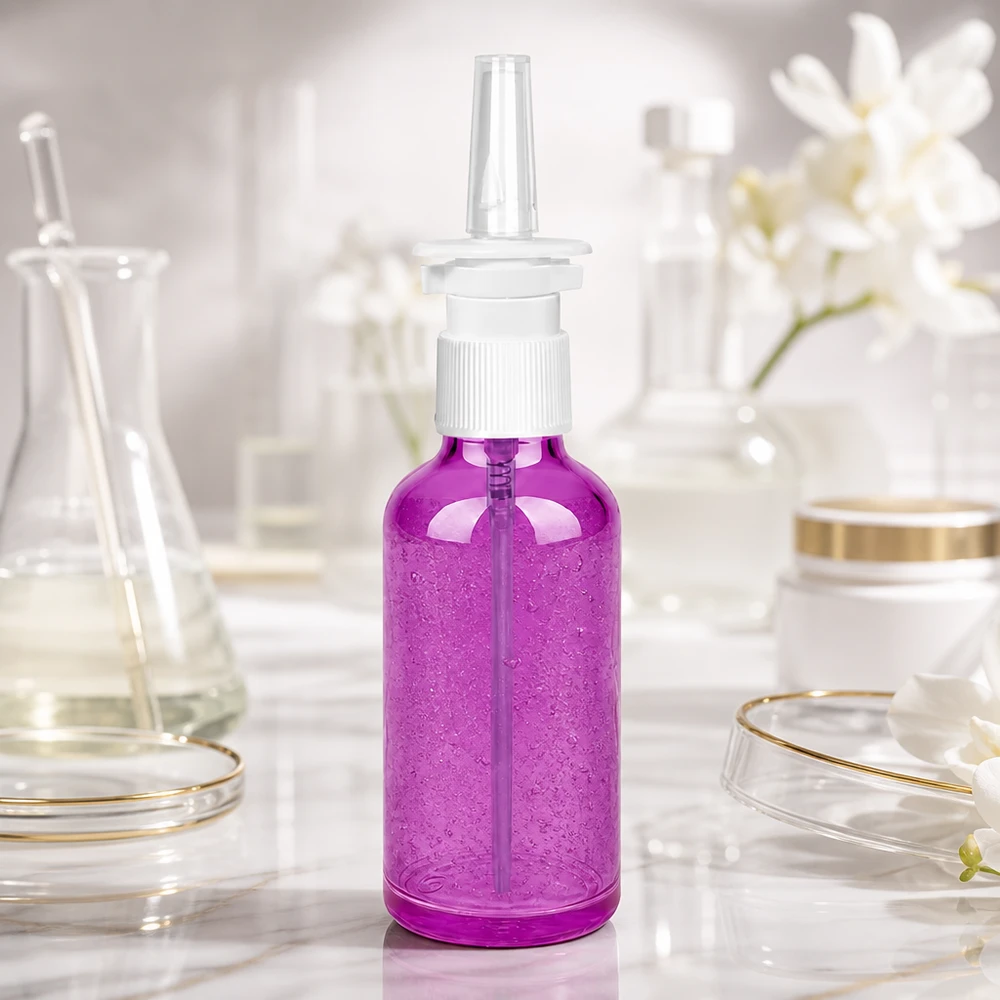 50 ml næsesprayflaske hvid/transparent standard PurpleLine. UT18/50 Premium 50 ml næsesprayflaske med ergonomisk design i lilla for behagelig håndtering