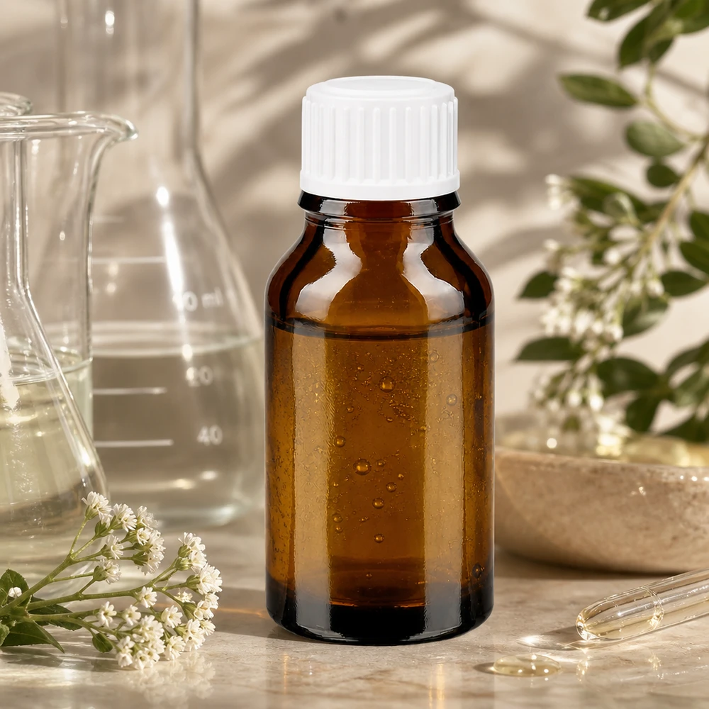 En ravfarvet 30 ml apotekerflaske med hvid prop, omgivet af lægeplanter og laboratorieudstyr