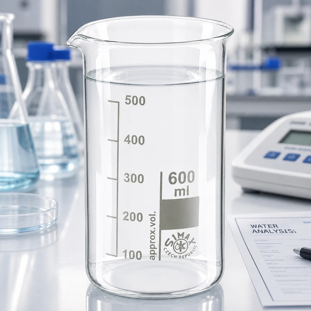 Bægerglas 600 ml borosilikatglas, høj form Simax-bægerglas, 600 ml, høj model, borosilikatglas med klart vand på et hvidt laboratoriebord