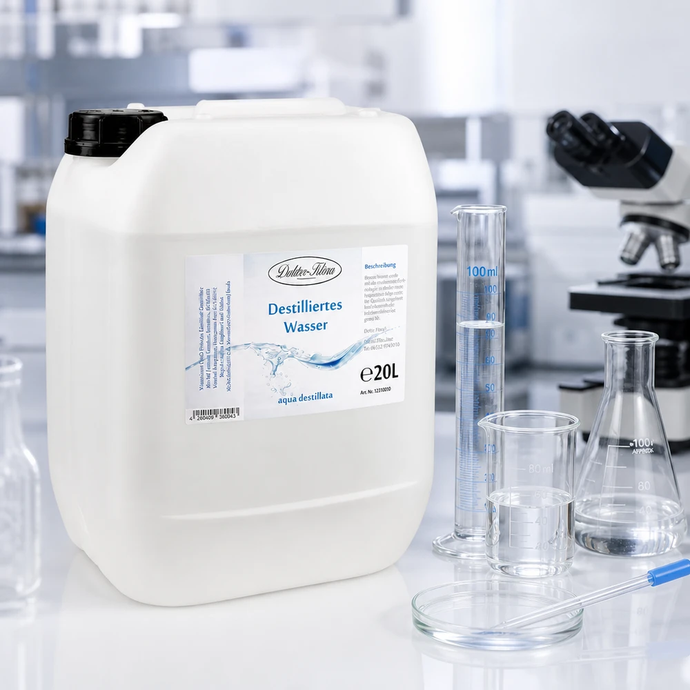 20 liter destilleret vand Doktor Klaus 20 liter destilleret vand Doktor Klaus i et gennemsigtigt laboratoriemiljø med glasvarer og mikroskop