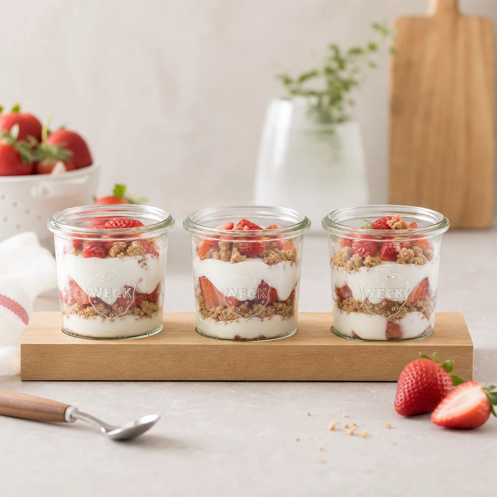 Serveringsbræt Plano3 med 3 Weck-glas med skruelåg, 140 ml WECK-glas 140 ml med lagdelt yoghurt-jordbærdessert serveret klar til morgenmad på et Plano3 serveringsbræt af træ