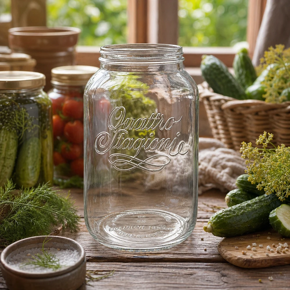 3800 ml husholdningsglas "Quattro Stagioni" 3800 ml Quattro Stagioni-konservesglas tomt på et træbord med asier og dild til konservering og konserves.