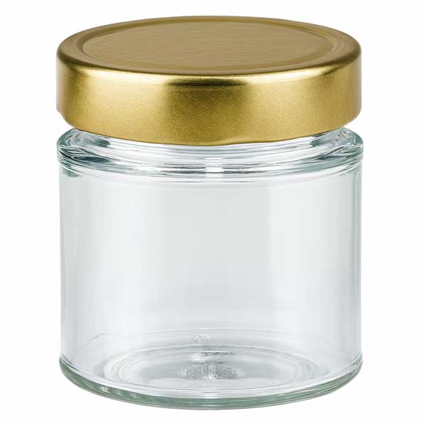 154 ml rund krukke med BasicSeal-låg guld dyb UNiTWIST 154 ml rundt syltetøjsglas med gyldent BasicSeal-låg gennemsigtigt tomt syltetøjsglas til honningkonservering
