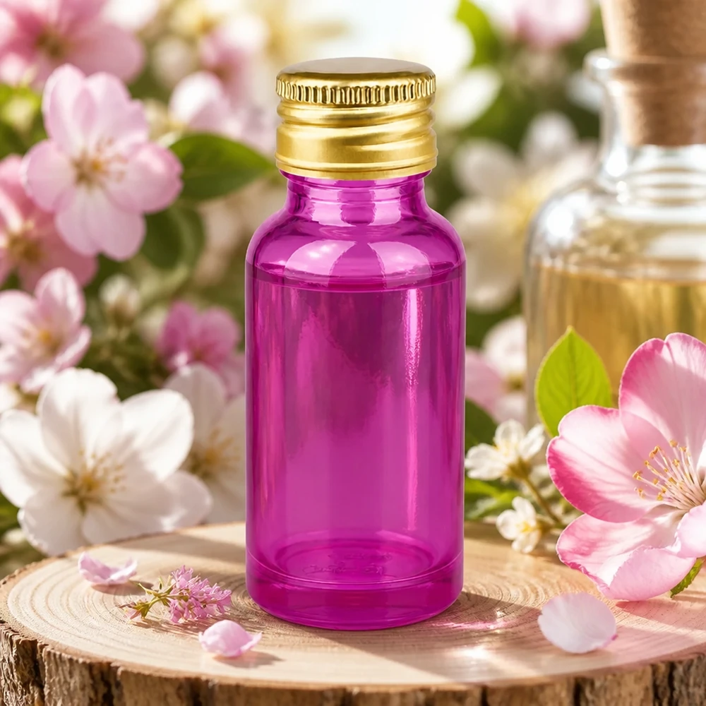 20 ml flaske 11 mm skruelåg aluminium guld standard PurpleLine. UT18/20 Elegant 20 ml violet glasflaske med 11 mm standardgevind og guldfarvet hætte