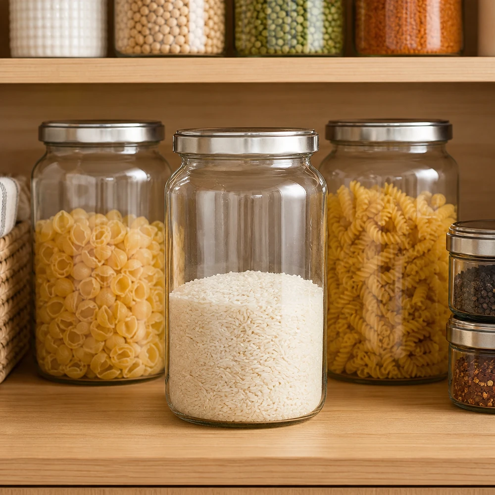 795 ml rund krukke med BasicSeal-låg sølv UNiTWIST 795 ml rund krukke med BasicSeal-låg fyldt med ris i det organiserede spisekammer ved siden af pasta og krydderier