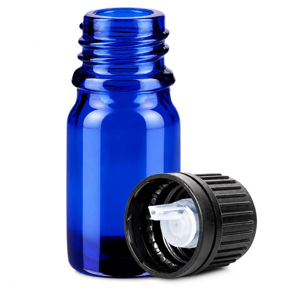5ml Dropperflaske 1mm sort OV BlueLine UT18/5 Blå glasflaske 5 ml med 1 mm dråbeindsats til præcis dosering af små mængder væske
