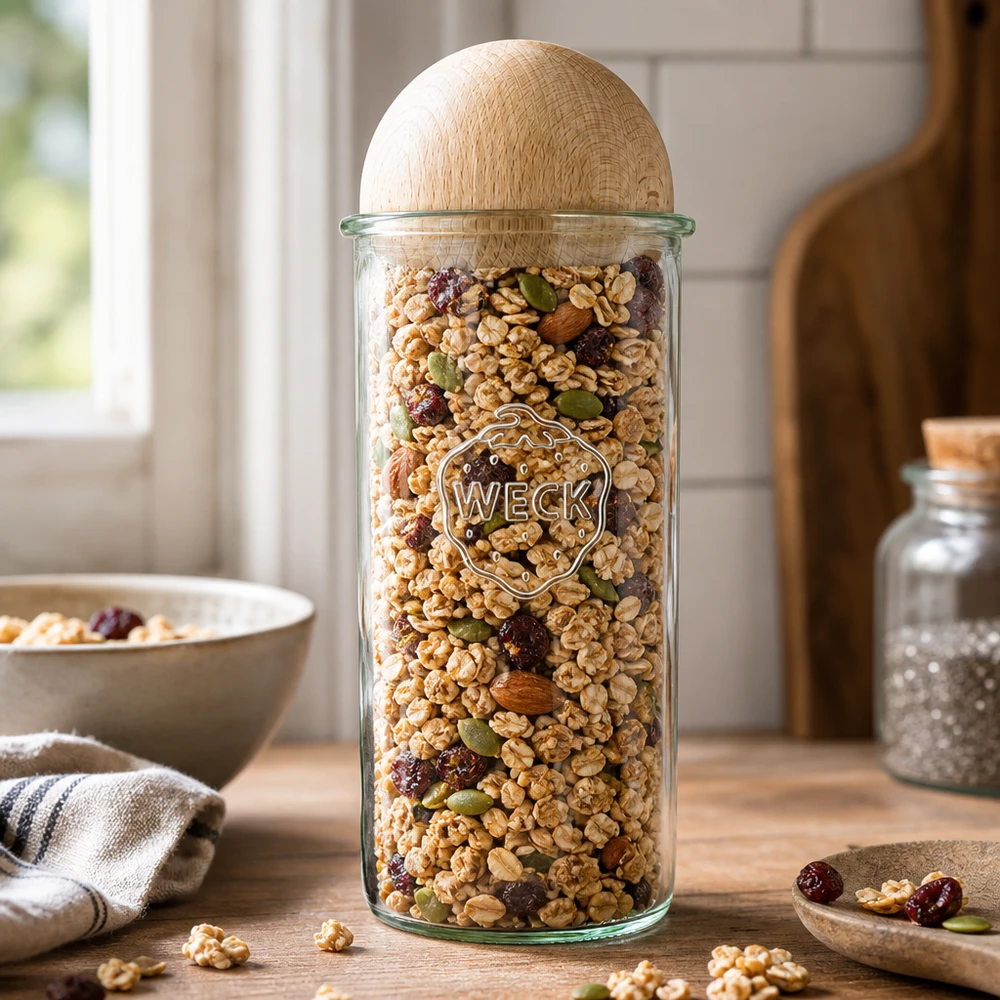 1500 ml Briller WECK RR100 med trækugle bøg WECK opbevaringskrukke 1500 ml fyldt med müsli og nødder, kuglelåg af bøg, køkkenatmosfære med skål