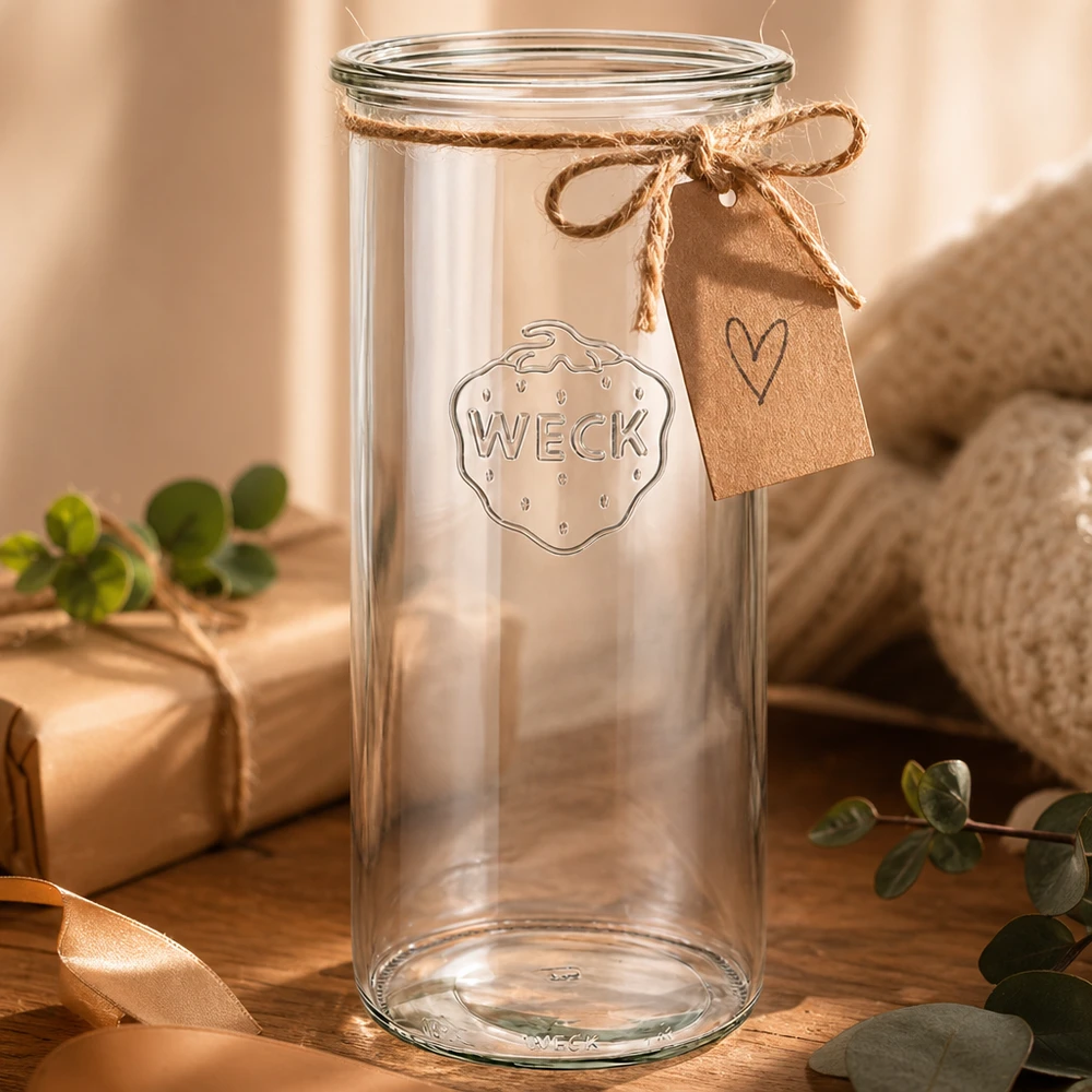 1500 ml WECK RR100-glas med skrå kant WECK drikkeglas 1500 ml RR100 med hjertevedhæng og sløjfe på træbord dekoreret med grønne planter