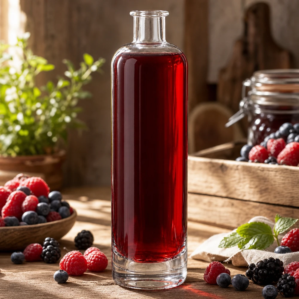500 ml glasflaske »Ella« uden lukning UNiTWIST® 500 ml glasflaske Ella UNiTWIST fyldt med rød bærsaft omgivet af friske hindbær og blåbær