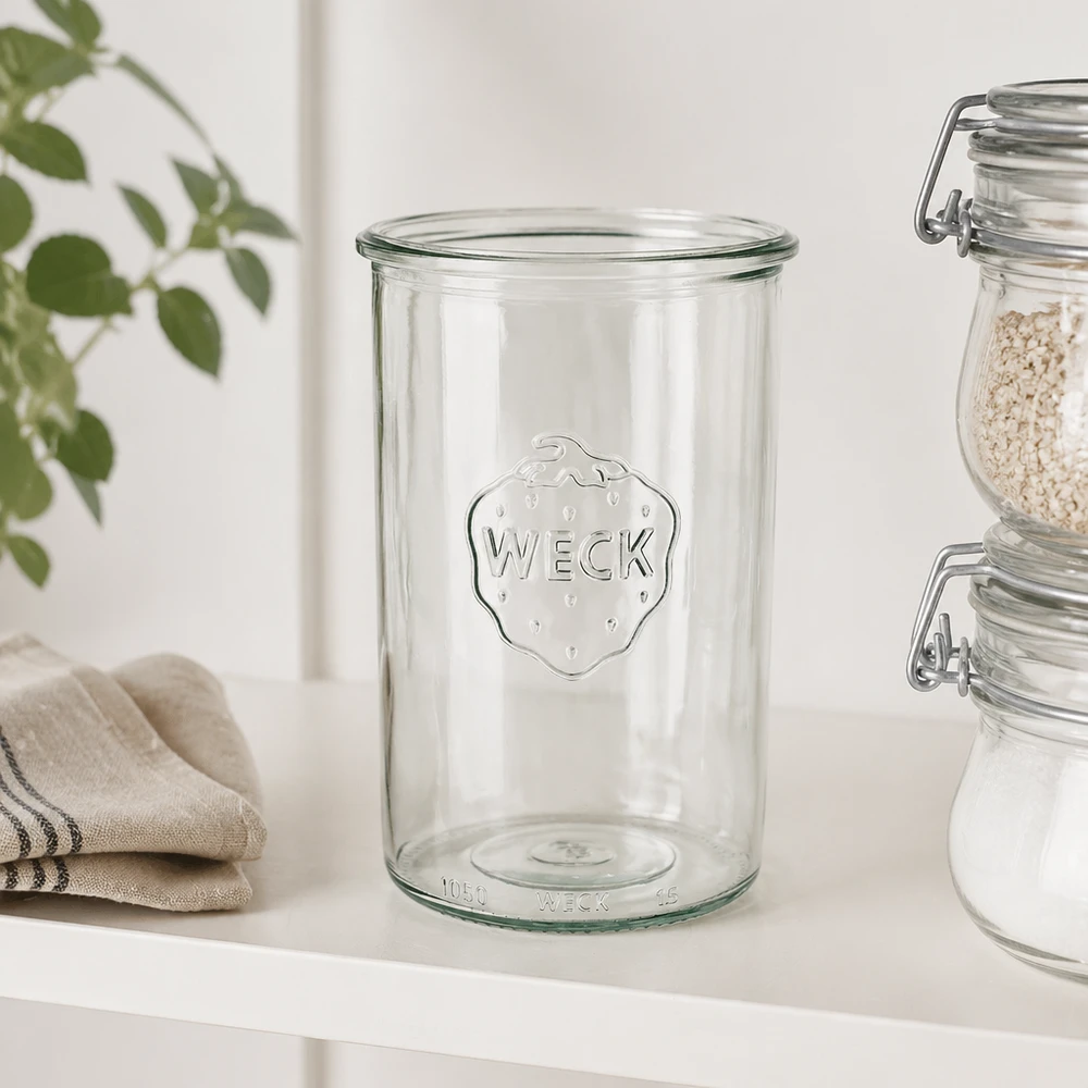 1000 ml WECK RR100-glas med skrå kant WECK 1000 ml RR100 murerbalje i klart glas med WECK-logo til konservering og opbevaring i køkkenet