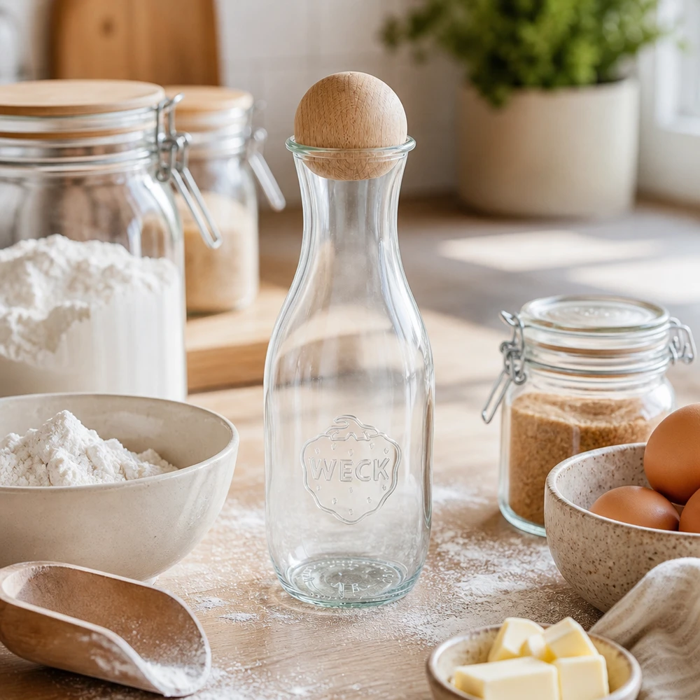 1062 ml juiceflaske WECK RR60 med trækugle bøg WECK saftflaske 1062ml RR60 med trækugle i bagekøkkenet mellem mel, æg, smør og syltetøjsglas på træplade