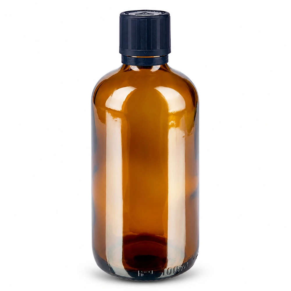 Apotfl. brun 100ml dryp v. Pr 1mm s. KiSi Bliw OV 100 ml brun glasflaske med sort dråbepropp og børnesikring til apoteksbrug