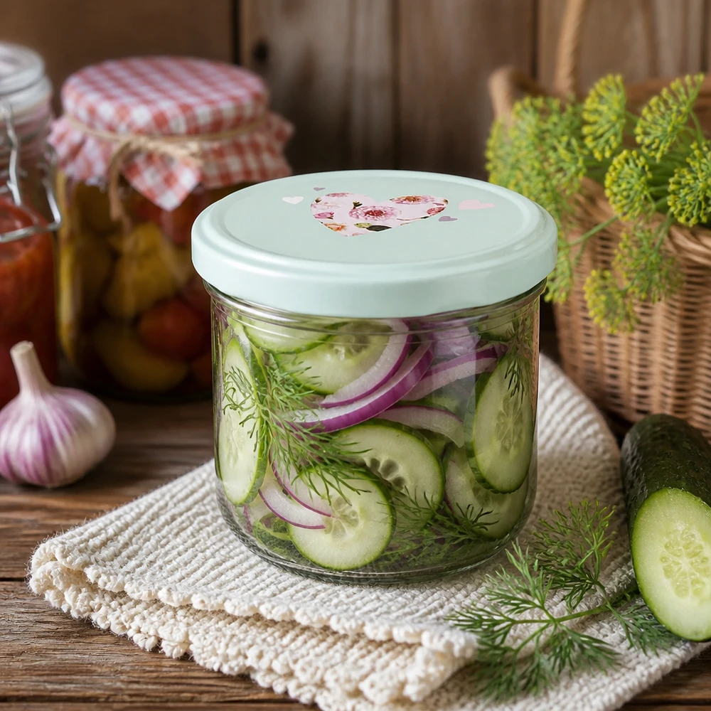 260 ml glas med skrå kant + BasicSeal låg, hjerteformet, mint UNiTWIST Konserveringsglas 260 ml med BasicSeal-låg til syltede agurker, dild og løg arrangeret i en rustik køkkenstil