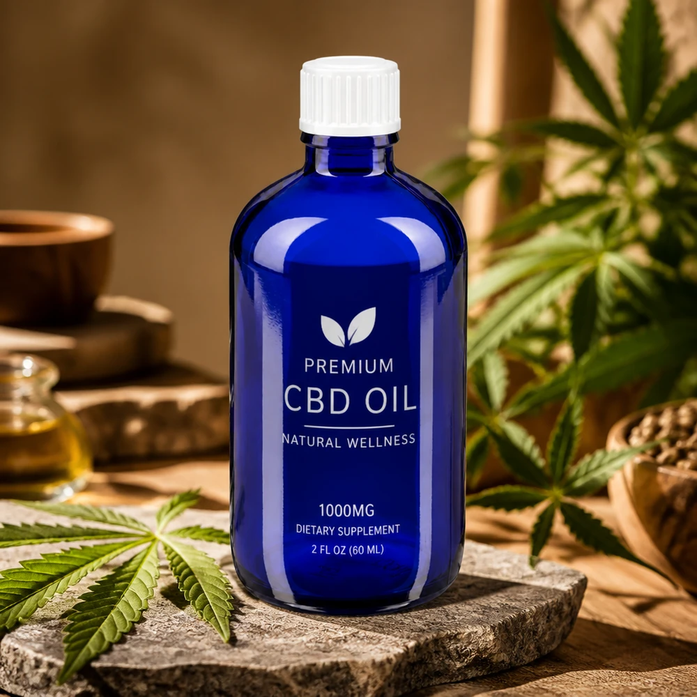 Apoteksflaske blå 100ml skruelåg hvide kugler St Medicinsk blå glasflaske på 100 ml med børnesikret hvid prop til CBD-olieprodukter