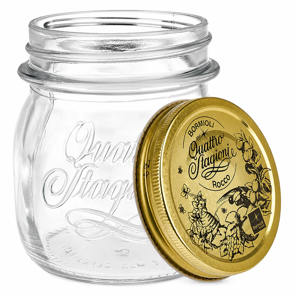 250 ml rundt glas "Quattro Stagioni" med låg 250 ml rund krukke Quattro Stagioni med gyldent låg konserveringskrukke opbevaringskrukke italiensk design