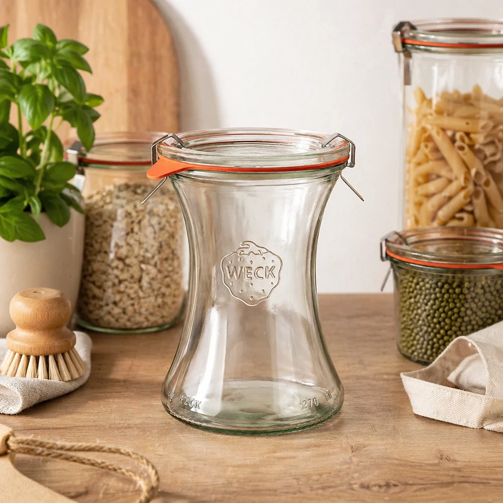 370 ml delikatesseglas, komplet WECK RR80 WECK delikatesseglas 370ml RR80 i opbevaringskøkkenet mellem fyldte konservesglas med pasta linser basilikum plante