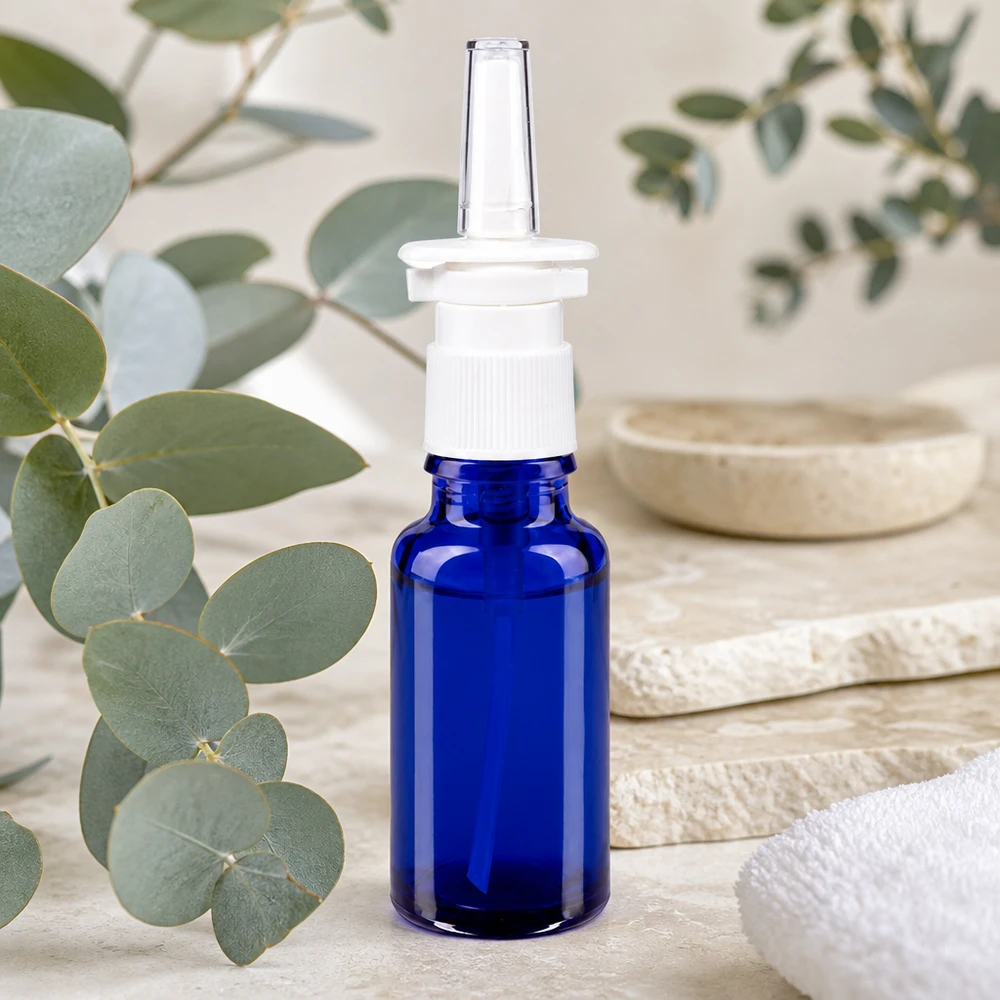 Apoteksflaske blå 20 ml næseforstøver hvid St Blå 20 ml næsesprayflaske af apotekerglas med hvid pumpe foran eukalyptusgrene