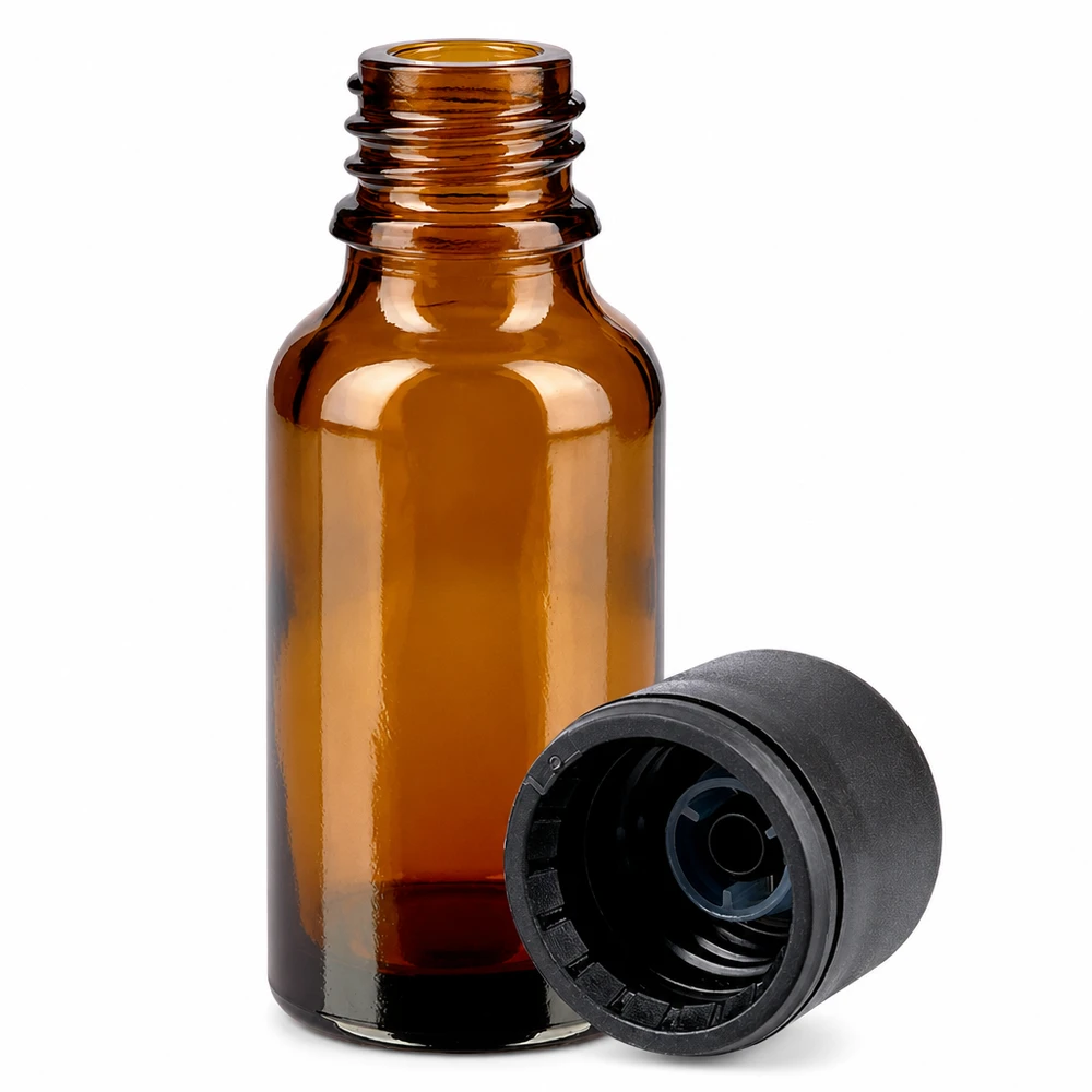 20 ml flaske 6 mm SV sort STD BrownLine UT18/20 Lille 20 ml ravfarvet glasflaske med skruelåg til aromaterapi og naturkosmetik