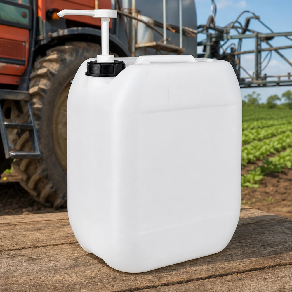 Hvid 10-liters dunk med doseringspumpe i landbrugsbrug foran en traktor og i marken