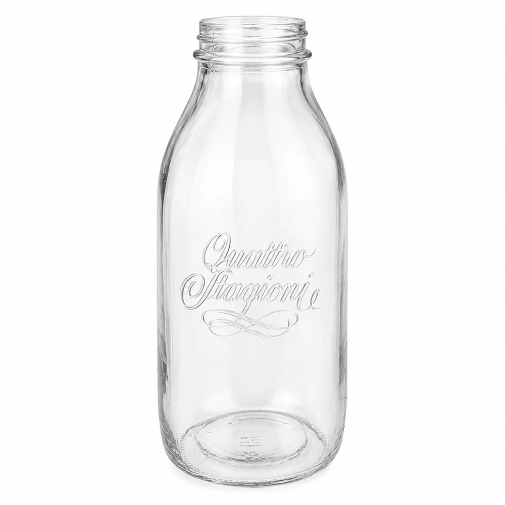 1000 ml flaske med bred hals "Quattro Stagioni" Bormioli Rocco Quattro Stagioni 1000 ml glasflaske med bred hals og præget logo, gennemsigtig, tom