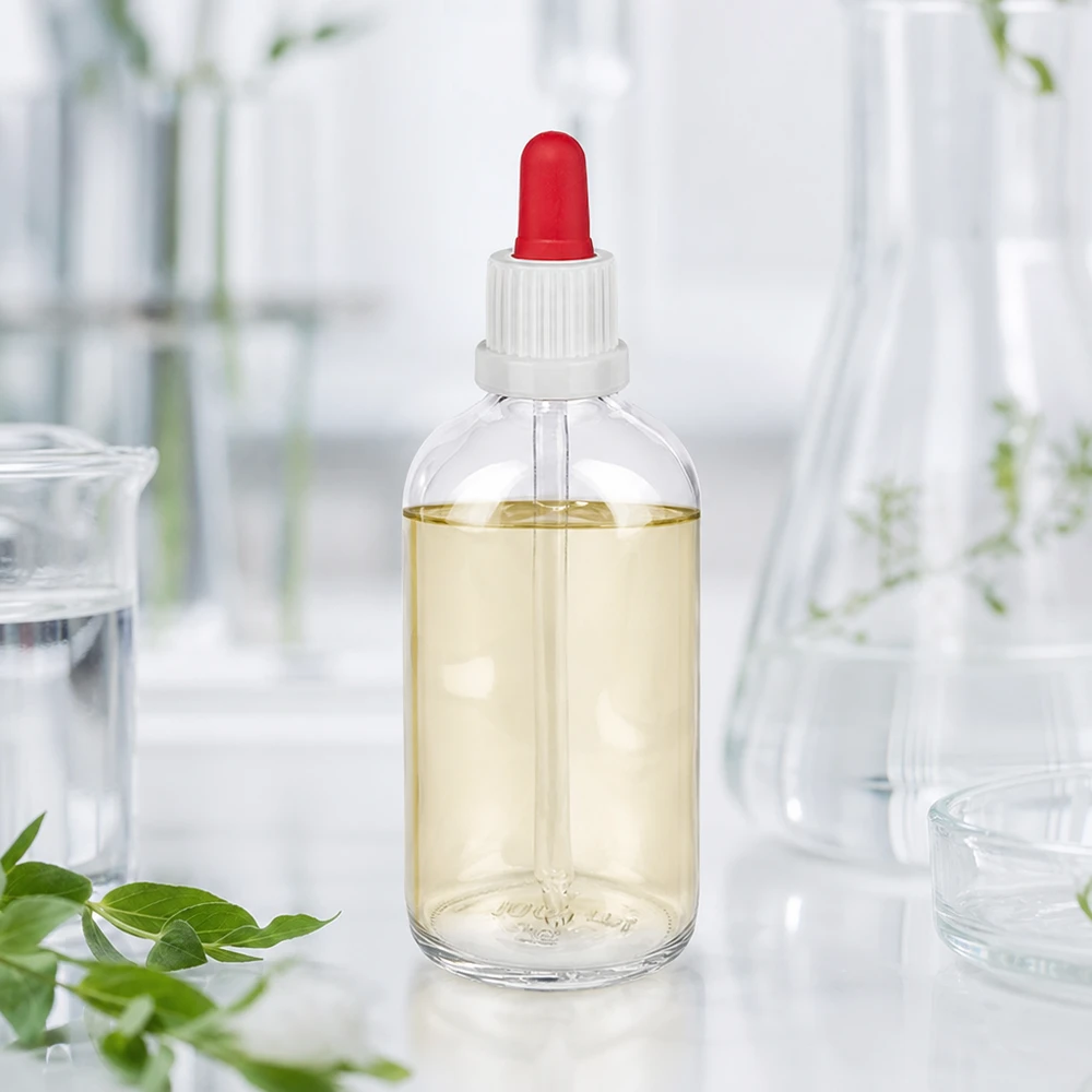 100 ml pipetteflaske hvid/rød OV ClearLine UT18/100 Gennemsigtig 100 ml laboratorieflaske med rød silikoneprop og hvid pipetteprop ClearLine