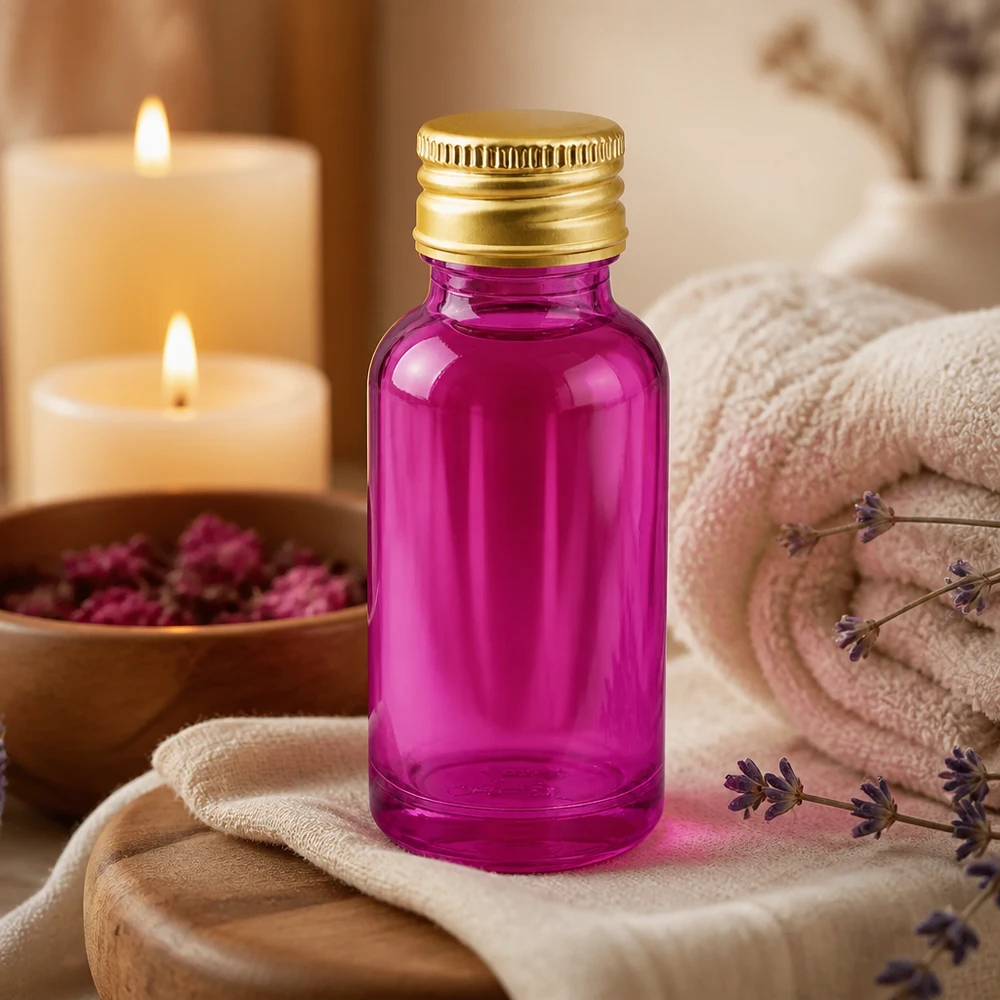 20 ml flaske 11 mm skruelåg aluminium guld standard PurpleLine. UT18/20 20 ml violet glasflaske i høj kvalitet med 11 mm standardgevind til professionel aromaterapi