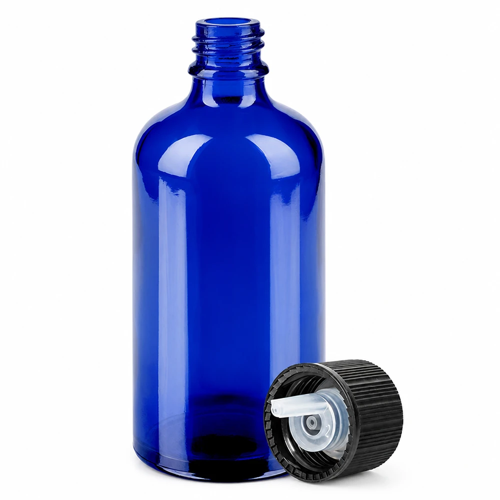 100 ml glasflaske blå med 1 mm dråbeindsats og sort skruelåg til præcis dosering