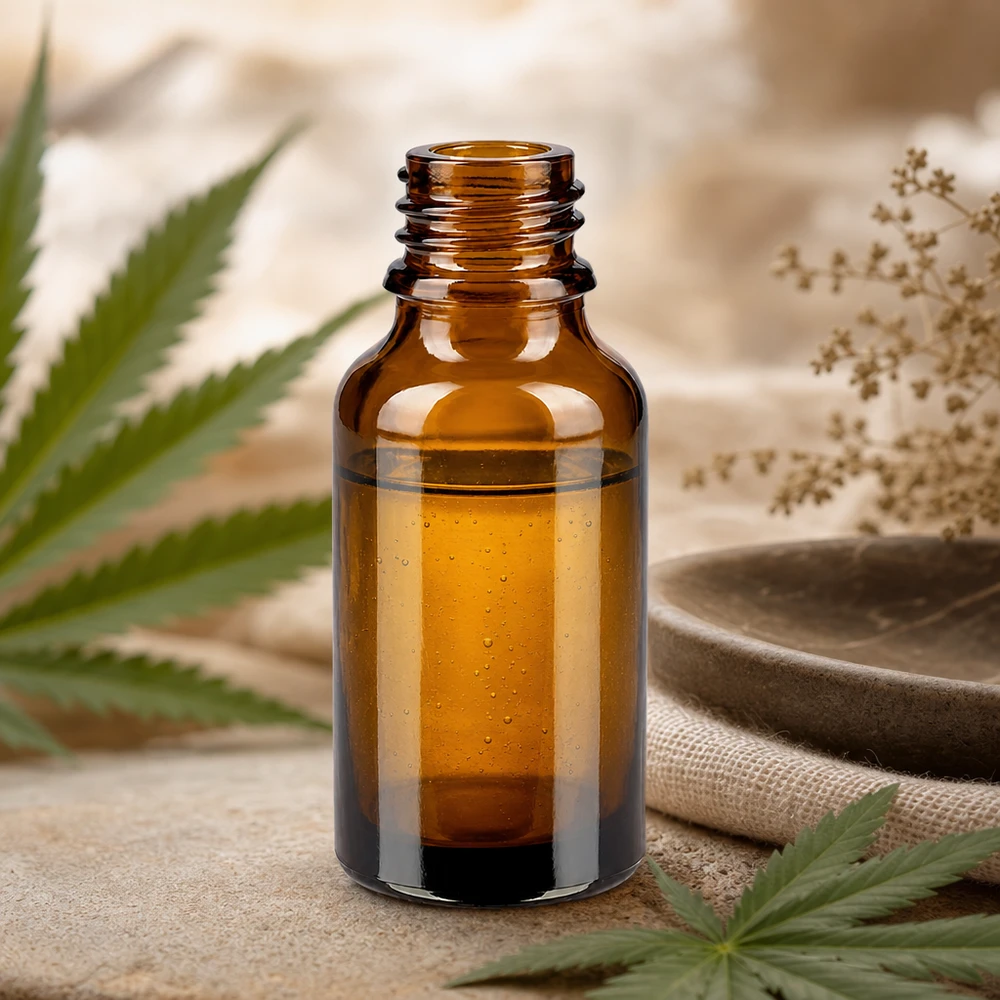Dropperflaske 30 ml DIN 18 ravfarvet glas LOW SHAPE 30 ml brun apotekerflaske ApoGlas med gylden væske ved siden af cannabisblade og tørrede urter
