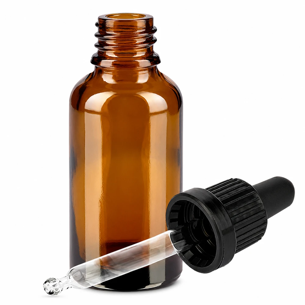 30 ml pipetteflaske af ravfarvet glas med dråbepipette og sort tråd til præcis dosering