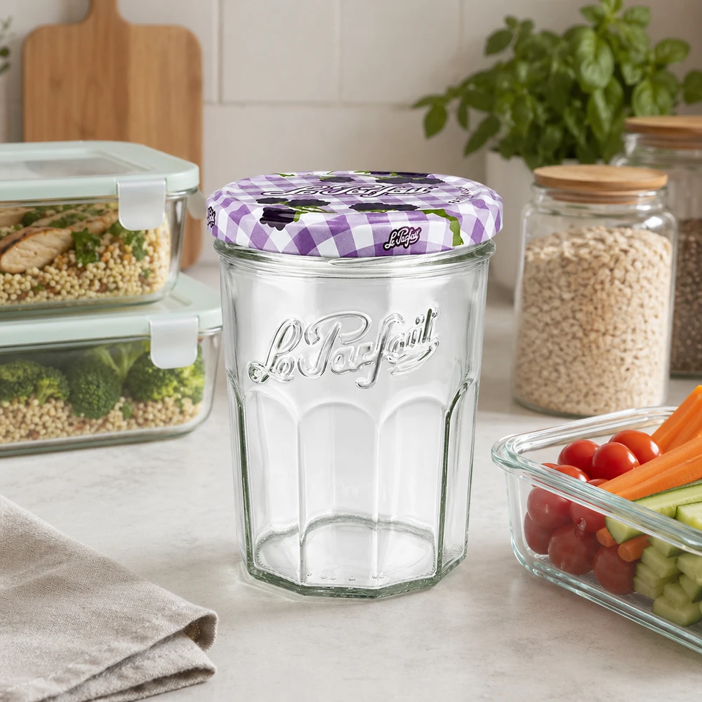 Le Parfait® Jam 385 ml Ø82 mm syltetøjsglas Le Parfait-bægre 385 ml i et moderne køkken mellem opbevaringskrukker og grøntsager som opbevaringsløsning
