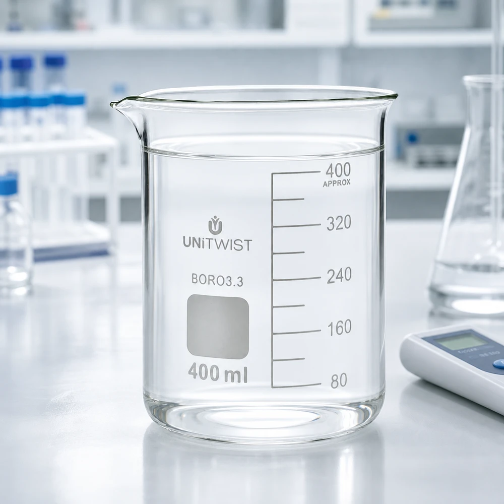 Bæger 400 ml borosilikat, lav form UNiTWIST UNiTWIST bæger, 400 ml, borosilikatglas 3.3, med tud og hvid mærkningsflade til laboratoriebrug