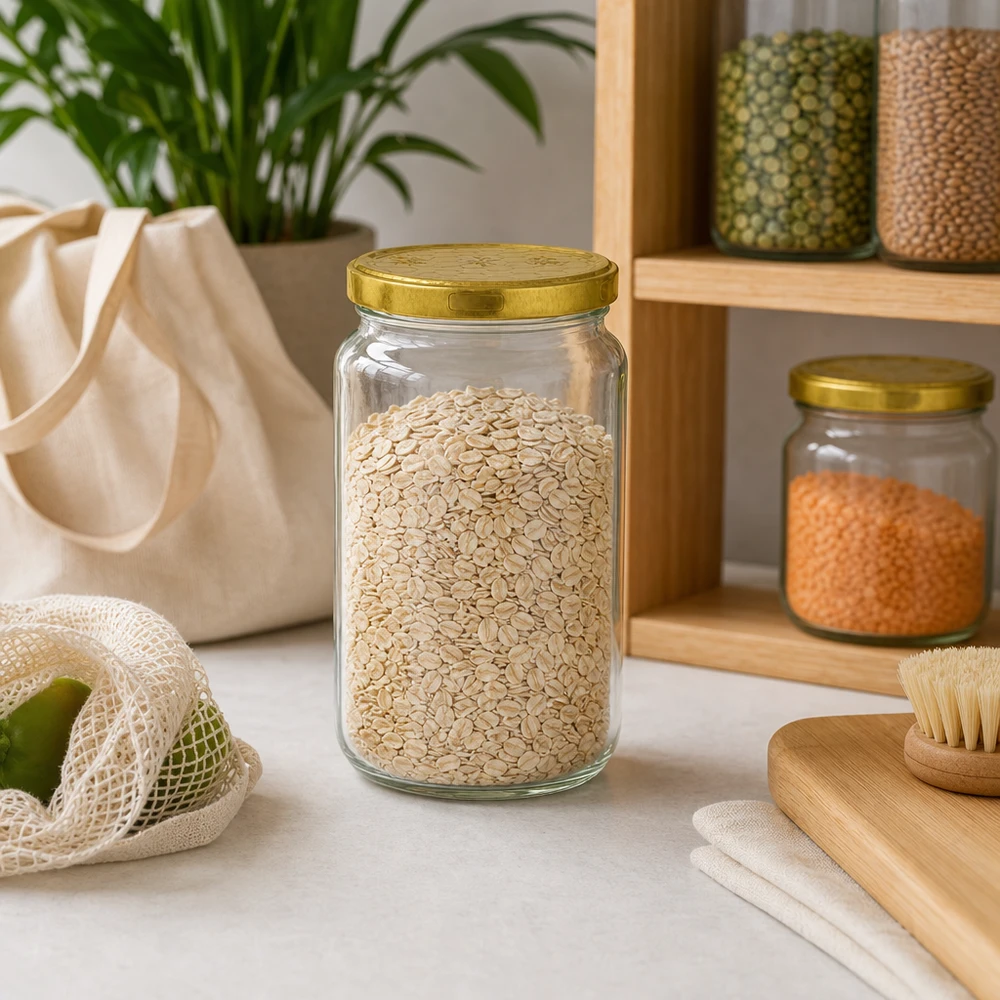 795 ml rund krukke + BasicSeal-låg honeycomb UNiTWIST 795 ml rund krukke fyldt med havregryn i bæredygtigt zero-waste-køkken med træhylde og opbevaringsbeholdere