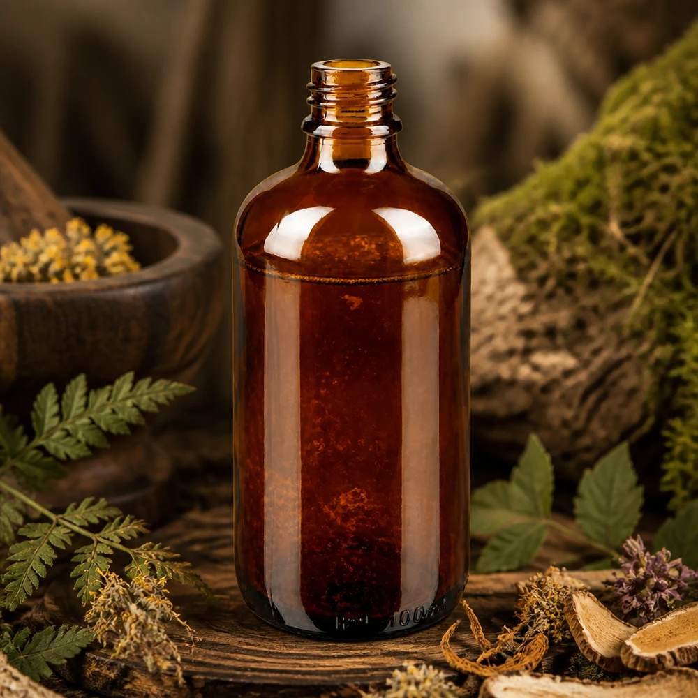 100 ml brun Apoteksflaske ApoGlas 100 ml brun apoteksflaske ApoGlas med bregner, svampe og urter i et naturligt skovapoteksmiljø