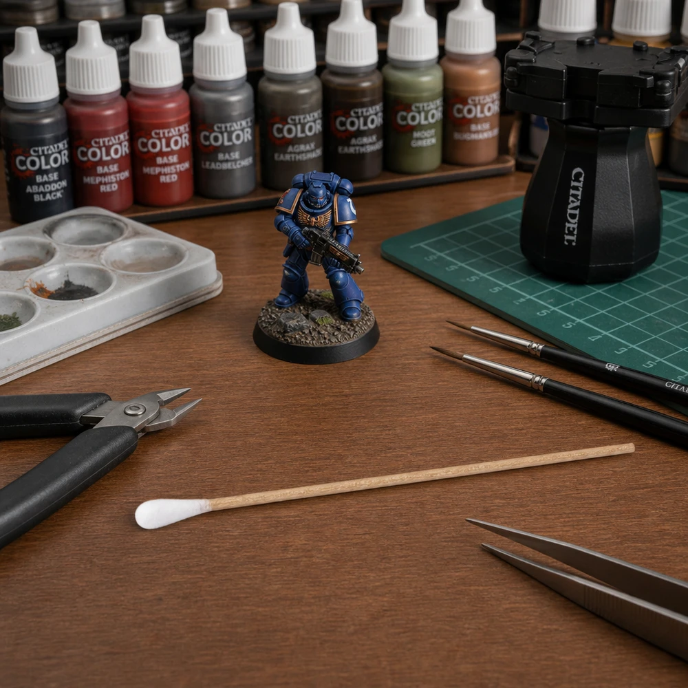 Usterile vatpinde ved maling af Warhammer 40K Space Marine-figurer på et træbord