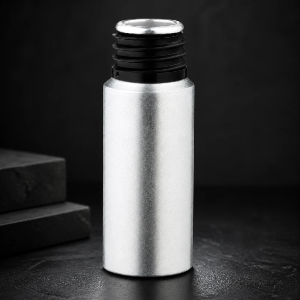 20 ml farvet aluminiumsflaske Elegant 20 ml flaske i farvet aluminium med mat sølvfinish og ergonomisk design