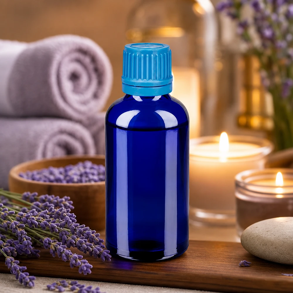 50 ml glasflaske i koboltblå med sikkerhedshætte til æteriske olier og aromaterapi