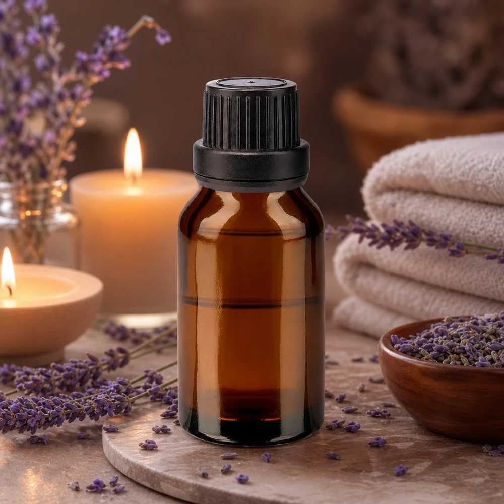 Brun apotekerflaske på 30 ml med lavendel og stearinlys i et wellness-miljø