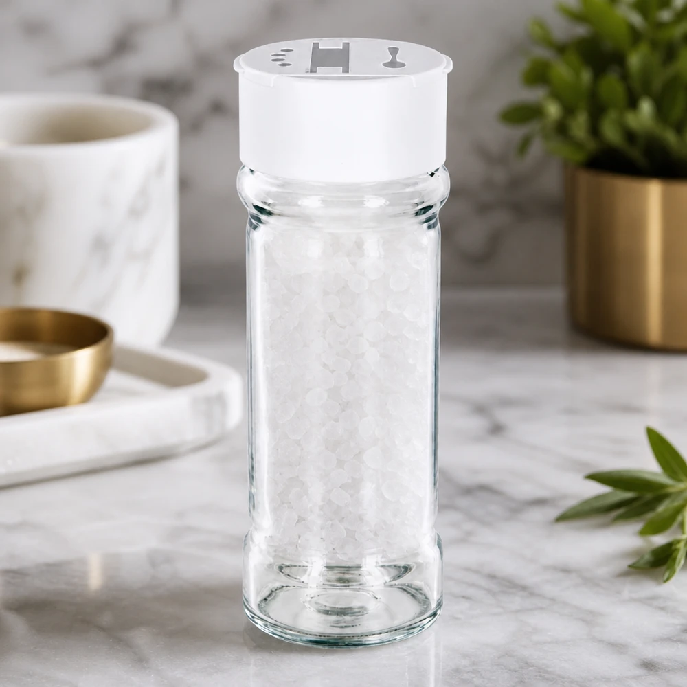 Salt-/krydderikrukke 100 ml med dobbelt strøer, hvid Gennemsigtigt krydderiglas på 100 ml med hvid dobbeltstreuer på marmor, fyldt med groft havsalt