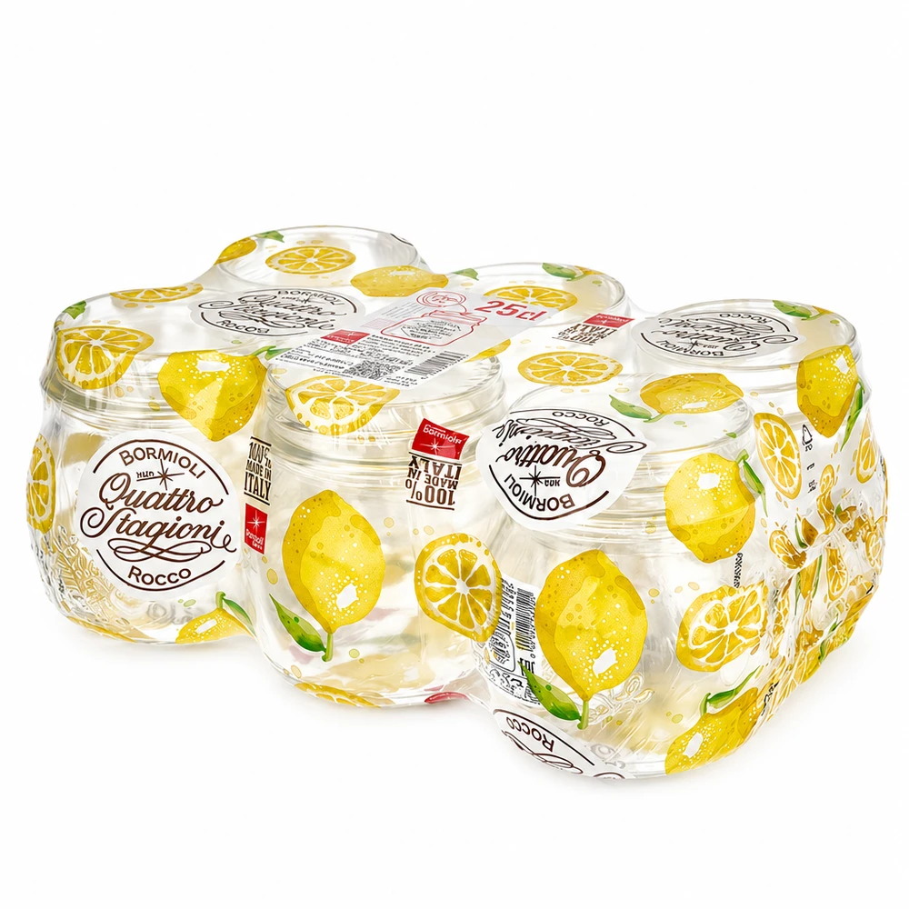 250 ml rundt glas "Quattro Stagioni" med låg 250 ml rund krukke Quattro Stagioni med citronmotiv og låg Bormioli Rocco syltekrukke pakke med 6 stk.