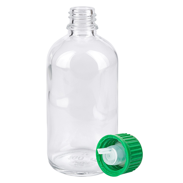 100 ml dråbeflaske 0,8 mm grøn STD ClearLine UT18/100 100 ml ClearLine-dråbeflaske af klart glas med grøn børnesikret låg og 0,8 mm dråbeindsats