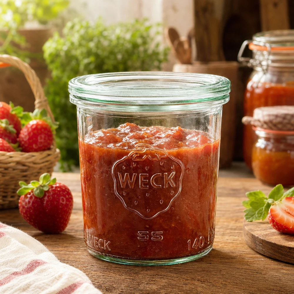 WECK 140 ml krukke med glaslåg RR60 | Premium-kvalitet WECK sylteglas 140ml RR60 fyldt med jordbærmarmelade på træbord med dekoration af friske jordbær