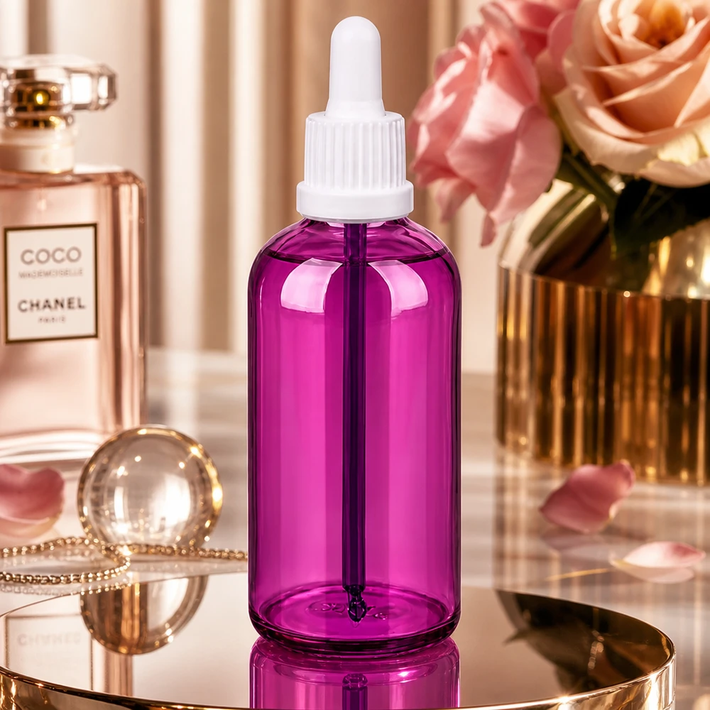 100 ml pipetteflaske hvid Originality skruelåg PurpleLine UT18/100 PurpleLine pipetteflaske 100 ml i violet med hvid dråbetæller til aromaterapi og hudpleje
