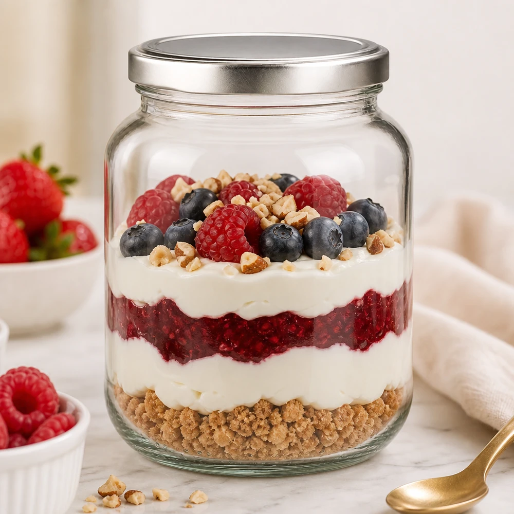 370 ml oval krukke med BasicSeal-låg sølv UNiTWIST 370ml Ovalglas BasicSeal als stylischer Dessertbehälter für geschichtetes Beerentrifle mit Joghurt und Nüssen