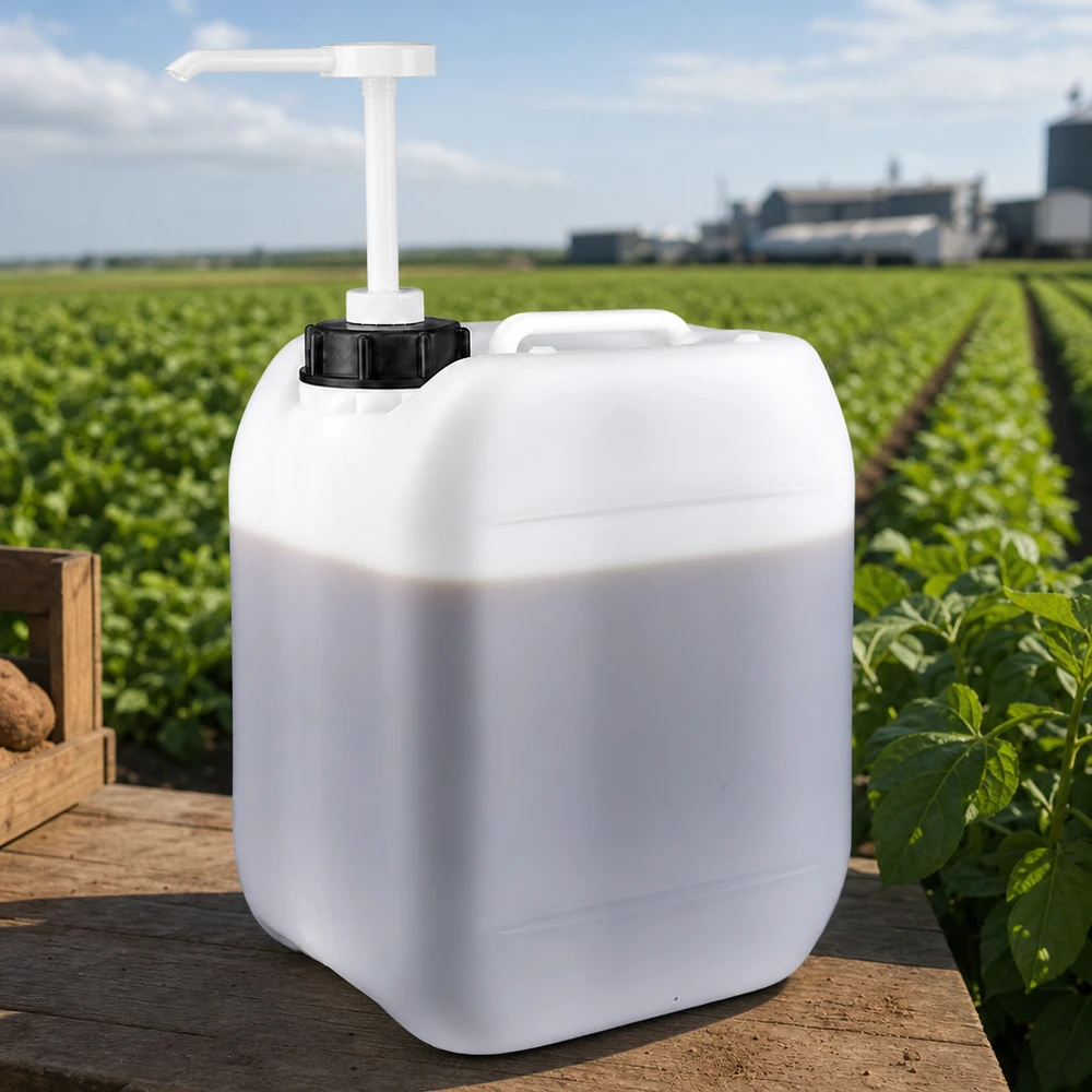 Beholder 5 liter med doseringspumpe 5-liters dunk med doseringspumpe foran en grøn kartoffelmark og et landbrugsanlæg