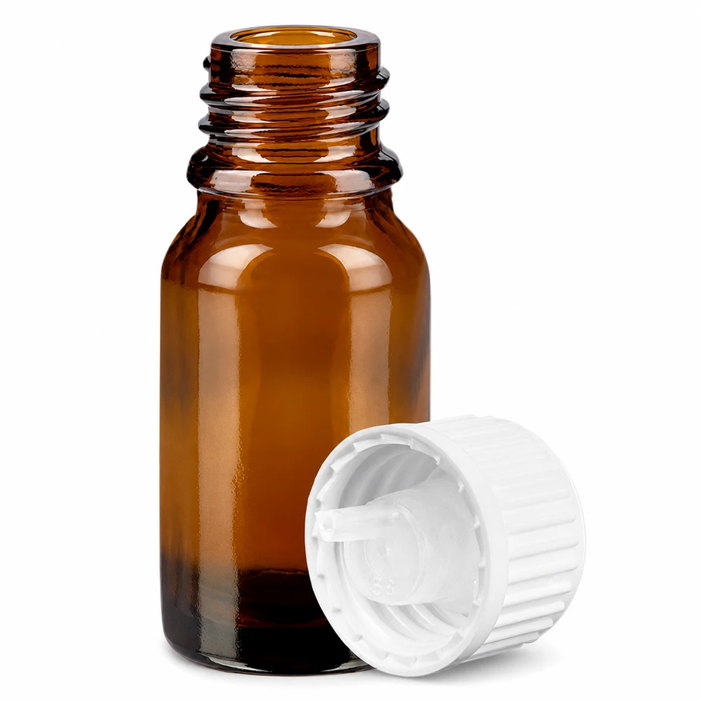 10 ml dråbeflaske 0,9 mm hvid STD BrownLine UT18/10 Lille 10 ml dråbeflaske af ravfarvet glas med præcis 0,9 mm dråbehætte BrownLine-serien
