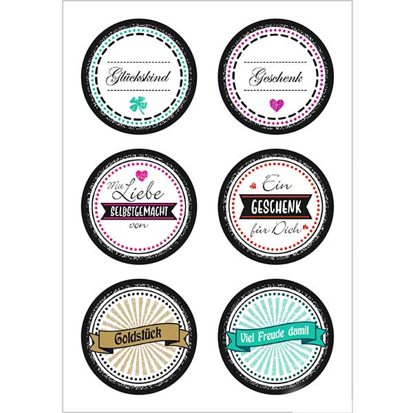 Klistermærke "Goldstück" (12 klistermærker med glitter) ø34mm | 2 ark = 12 papirklistermærker. Klistermærke "Goldstück" (12 klistermærker med glitter) ø34mm | 2 ark = 12 papirklistermærker.