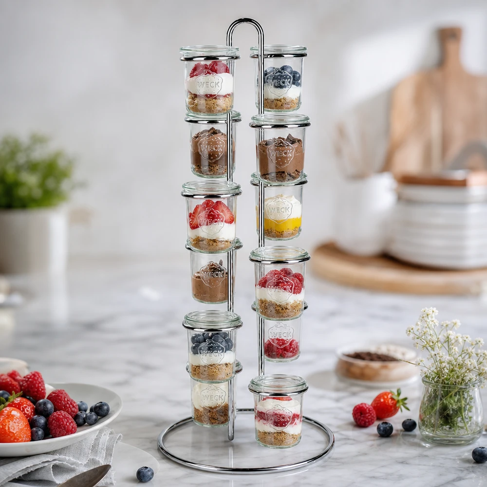 Serveringsstativ Vertico12 til 12 WECK Briller Dessertpræsentation med WECK Vertico12 serveringsstativ viser 12 glas yoghurt, bær og granola på køkkenbordet