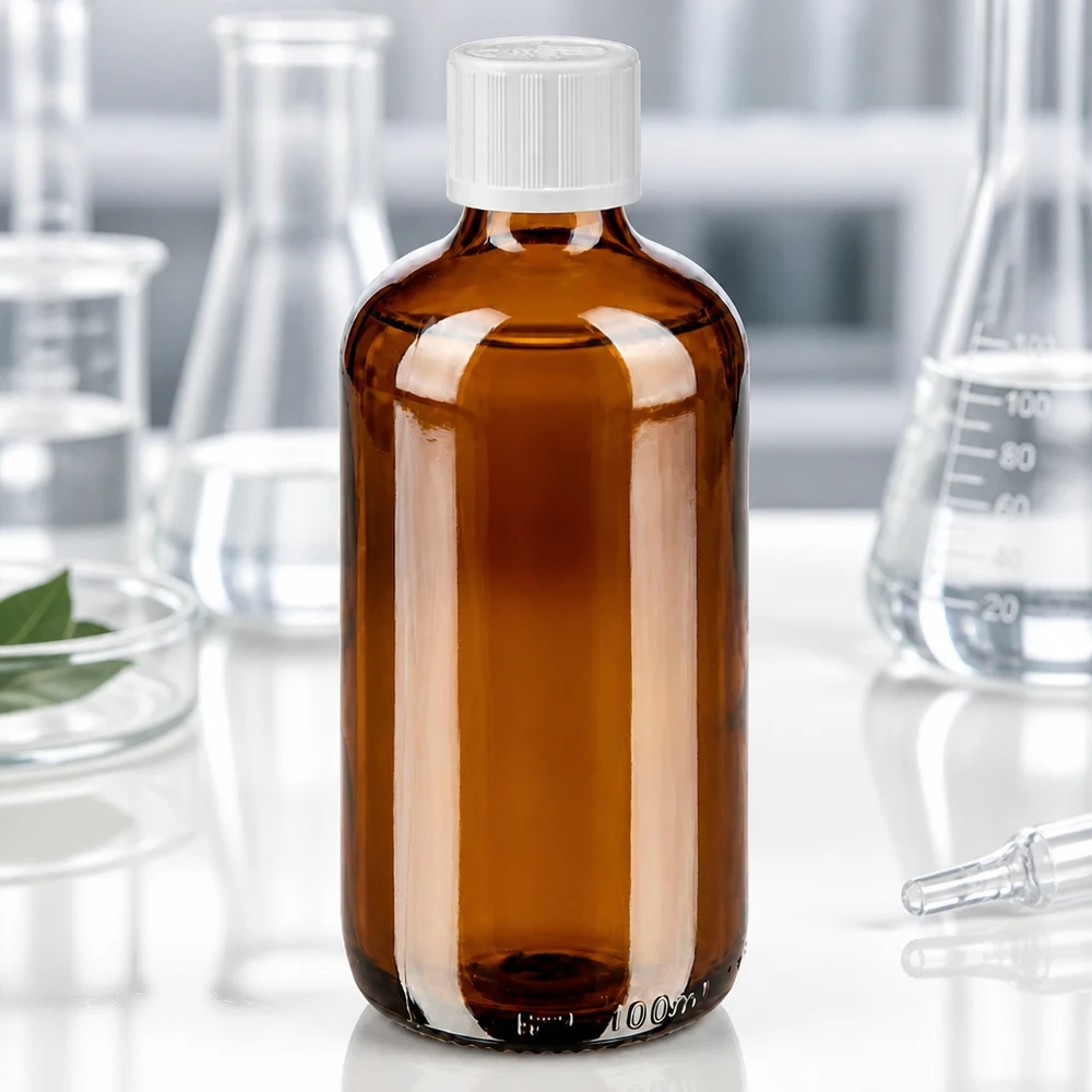 Apoteksflaske brun 100ml dråbetæller hvid KiSi St 100 ml brun glasflaske med hvid børnesikret lukning og dråbeindsats til brug i laboratoriemiljøet