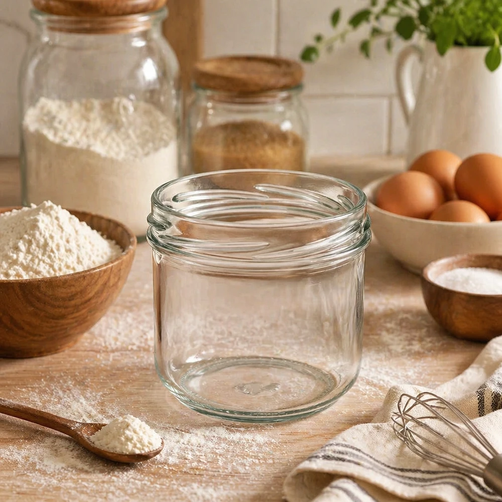 UNiTWIST Sturz260 - Rundt glas med en kapacitet på 260 ml TO82 UNiTWIST Sturz260 rund krukke 260ml TO82 tom syltekrukke på køkkenbord med bageingredienser mel æg