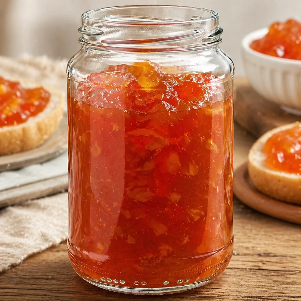 UNiTWIST Runda375 - Rund krukke med en kapacitet på 375 ml TO63 UNiTWIST Runda375 Rundglas 375ml gefüllt mit hausgemachter Orangenmarmelade auf Holztisch neben Marmeladenbrot